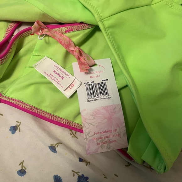 LoveShackFancy x Hurley High Neck Colorblock Bikini Top Lime Magenta - Picture 9 of 9